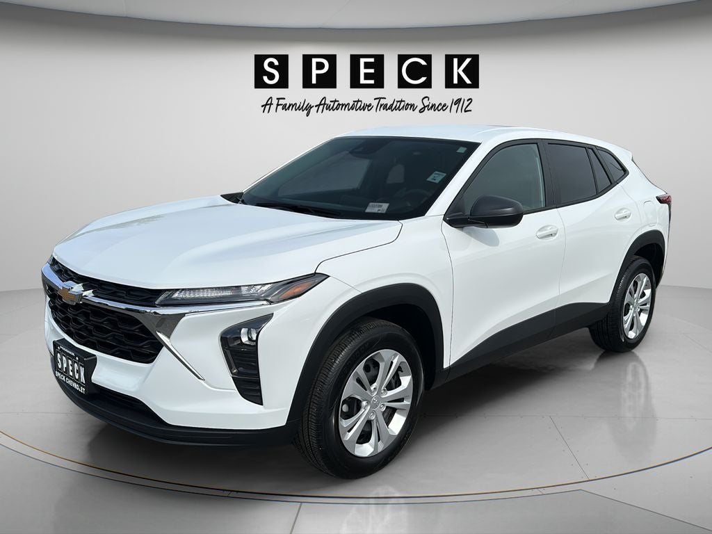 2025 Chevrolet Trax LS in Summit White — front three-quarter view
