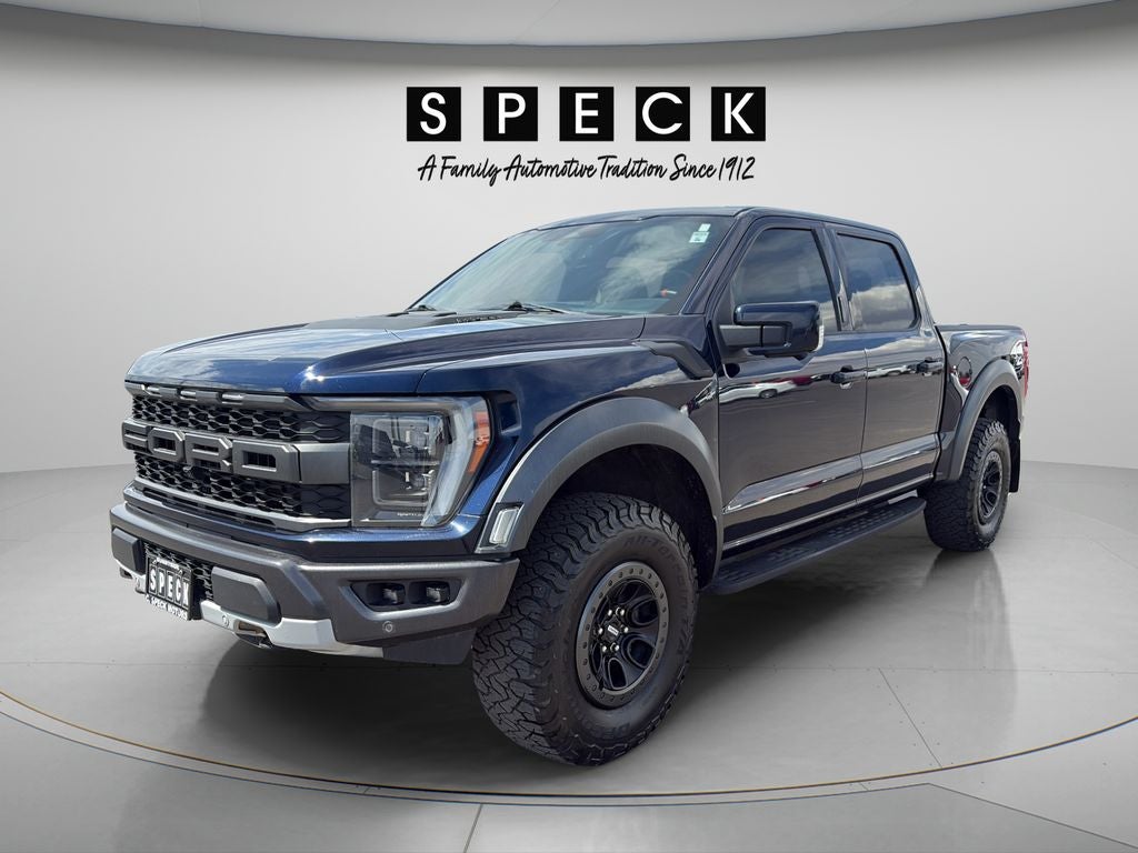 2022 Ford F-150 Raptor in Antimatter Blue Metallic — front three-quarter view
