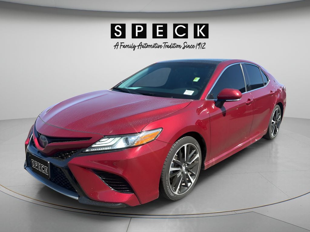 2018 Toyota Camry XSE in Ruby Flare Pearl — front three-quarter view