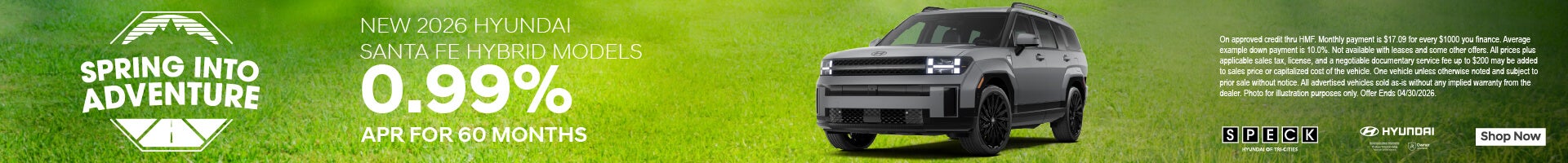 0.99 apr for 60 months on a new 2026 hyundai santa fe hybrid